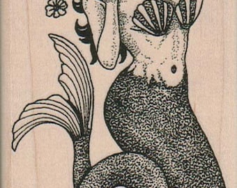 Sirena con timbri di gomma fiore segnaposto regali legno montato 3420