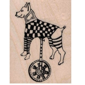 May include: A black and white illustration of a dog wearing a checkered sweater and striped trousers riding a unicycle.