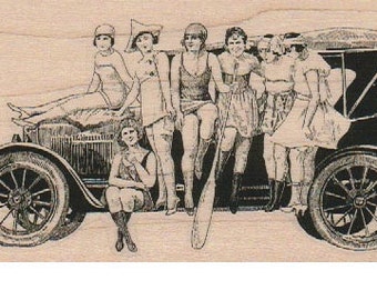 Rubber stamp Vintage ladies on a car rubber stamp  cling stamp, unmounted or wood Mounted 18400