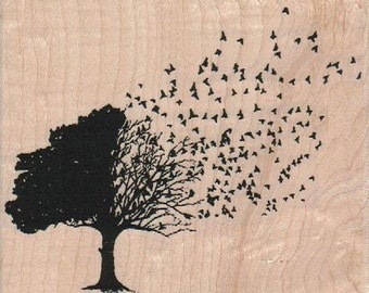 bird rubber stamps stamping rubber stamp plate  Leaves Blowing From Tree  Autumn Fall number 19177 plate Halloween