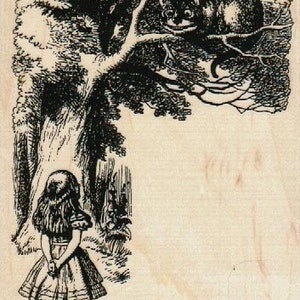 May include: A black and white illustration of a girl in a dress standing in front of a tree. A cat is sitting on a branch of the tree.