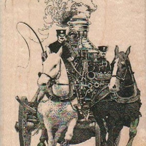 May include: A black and white illustration of a horse-drawn fire engine with two horses pulling the engine. The engine has a large, round boiler and a tall, narrow smokestack. The horses are wearing harnesses and have their heads turned to the side. The engine is moving forward and the horses are pulling it with their heads down.