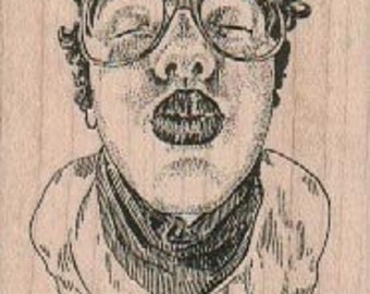 rubber stamp Lady kissing smooch old  17896 wood mounted, unmounted or cling mount woman face head