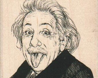 May include: A black and white line drawing of Albert Einstein sticking his tongue out. The drawing is on a wooden surface.