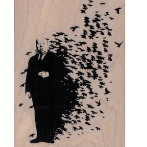 May include: A black and white silhouette of a man with a flock of birds flying away from him. The man is wearing a suit and tie. The birds are all different sizes and shapes.