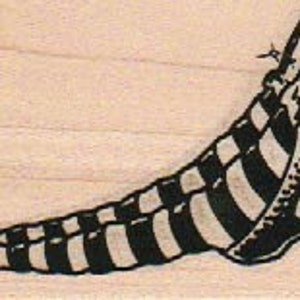 Może przedstawiać: Czarno-białe, pasiasty rajstopy z czarnym butem. But ma szpiczasty nosek i wysoki obcas.