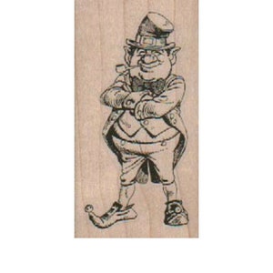 May include: A black and white illustration of a leprechaun with a green hat, holding a pipe in his mouth and standing with his arms crossed. The leprechaun is wearing a vest and pants.
