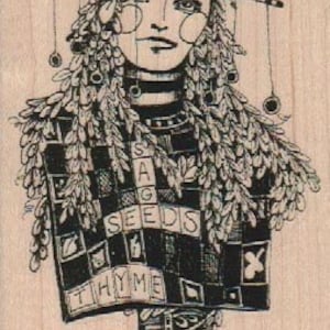 Könnte beinhalten: Eine Schwarzweißillustration einer gekrönten Figur mit einer Krone und einem Hut. Die Figur hält ein Schild mit der Aufschrift "Sage Seeds Thyme".