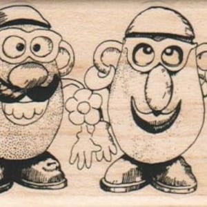 May include: Two cartoon potato characters with black eyes and mouths. The potato on the left is wearing a hat and has a mustache. The potato on the right is wearing a hat and carrying a purse.