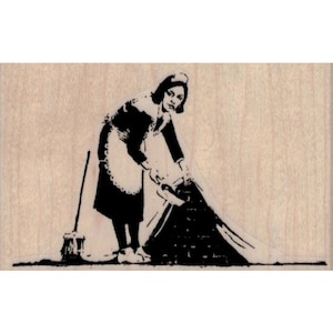 May include: Black and white illustration of a woman in a maid's uniform sweeping a pile of bricks with a broom.