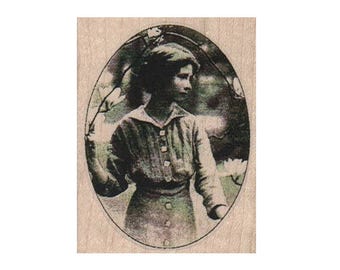 rubber stamp oval girl Edna St, Vincent Millay vintage photo flower  stamps  stamping scrapbooking supplies no 16227 garden flowers