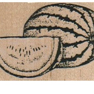 May include: A black and white illustration of a watermelon with a slice cut out. The watermelon is on a brown wooden background.