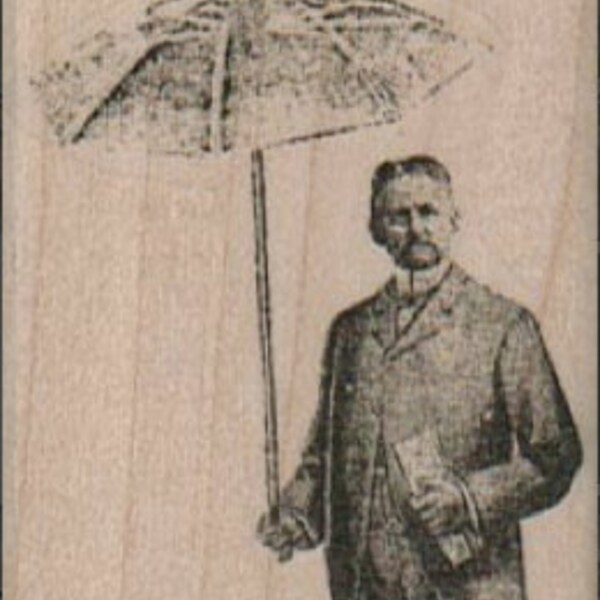 Rubber stamp  Steampunk  supplies man with umbrella  wood Mounted  scrapbooking supplies number 17458