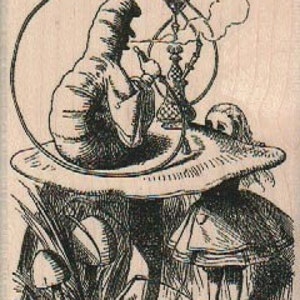 rubber stamp Alice and caterpiller smoking pipe hooka  unmounted, wood mounted or cling stamp 19300