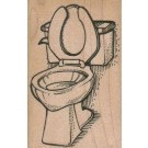 May include: A white toilet with a closed lid and a tank on the back. The toilet is drawn in a simple, cartoon style.