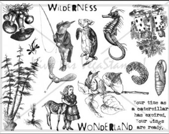 Full plate of  unmounted rubber stamps  plate no  1452  Alice in Wonderland animals seahorse fantasy quote
