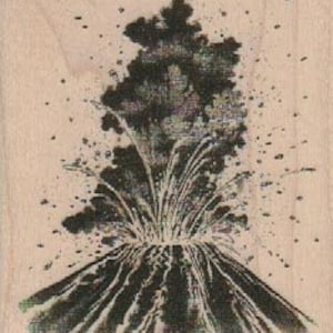 May include: A black and white illustration of a volcano erupting with a large plume of smoke.
