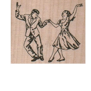 Puede incluir: Una ilustración en blanco y negro de una pareja bailando. El hombre lleva un traje y la mujer lleva un vestido.
