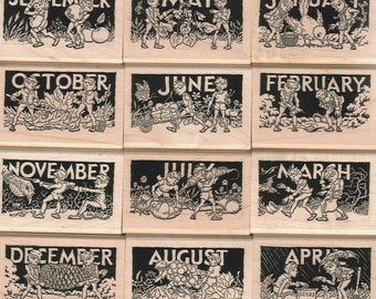12 rubber stamps Brownie fairy month calendar  unmounted wood blocks or cubes   Months Brownies Greenies  15413