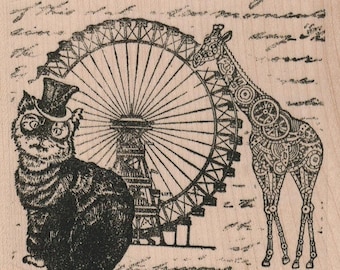 Tampons en caoutchouc collage steampunk script chat haut-de-forme grande roue girafe, non monté ou monté sur bois 18642
