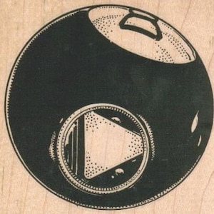 May include: Black and white illustration of a billiard ball with a triangle design on the side.