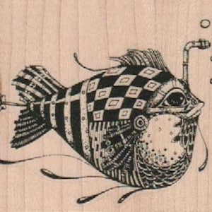 May include: A black and white illustration of a stylized fish with a steampunk design. The fish has a large eye, a pipe coming out of its head, and a propeller on its tail.