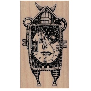 May include: A black and white rubber stamp featuring a clock face with a human face and a whimsical design. The clock face has the numbers 9, 3, and 6 visible. The clock is attached to a house-shaped structure with a door and a keyhole.