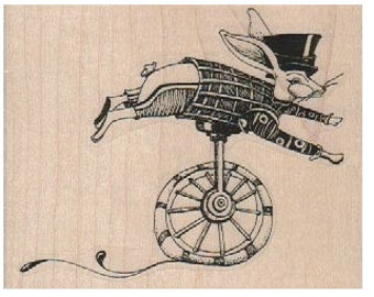 Easter Rabbit on unicycle  rubber stamp stamps stamping Alice steampunk style designer Mary Vogel Lozinak  18377