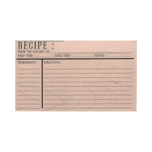 May include: A wooden recipe card with lines for writing down ingredients, directions, prep time, cook time, and how many servings the recipe makes. The card has the text "RECIPE" at the top.