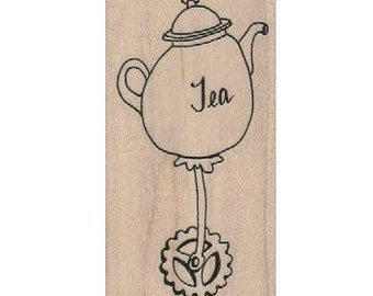Rubber stamp Alice in Wonderland tea pot with wheels tea party  Steampunk Rubber Stamp wood mounted designed by Mary Vogel Lozinak no 18557