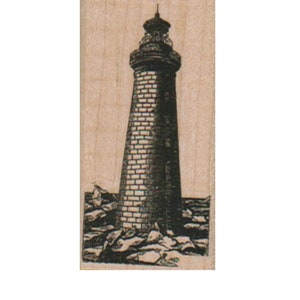May include: A black and white illustration of a lighthouse on a rocky shore. The lighthouse is tall and has a pointed roof. The rocks are rough and jagged.