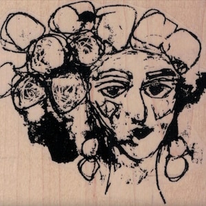 May include: Black and white line art illustration of a woman's face with a floral headdress. The woman has a serious expression and her hair is styled in a bun.