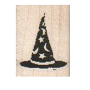 May include: A black witch hat with a pointed cone and a wide brim. The hat is decorated with white stars and crescent moons.