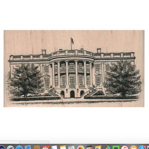 May include: A black and white illustration of the White House, a large, classical building with a central dome and two wings. The building is surrounded by trees and a lawn.