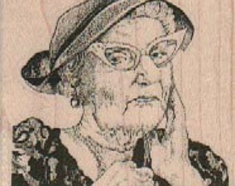 Rubber stamp old woman hat and glasses    wood Mounted  scrapbooking supplies number 18186