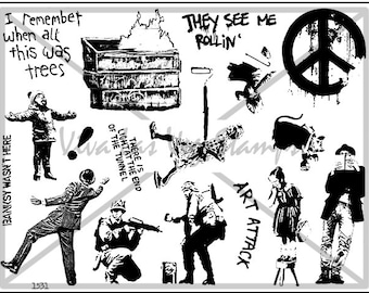 Banksy rubberen stempels ongemonteerde plaat Banksy Rubber Stamp no. 1531.  vrede mannen kinderen jongens citaten