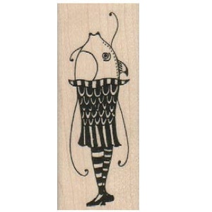 May include: A black and white rubber stamp featuring a whimsical illustration of a fish with a striped skirt and long, curly legs.