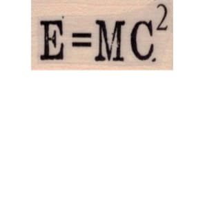 Könnte beinhalten: Ein schwarzer und weißer Gummistempel mit dem Text "E=MC²" darauf.
