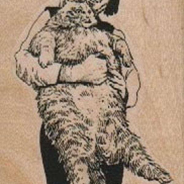 Woman With Big Cat   wood mounted rubber stamp  17772