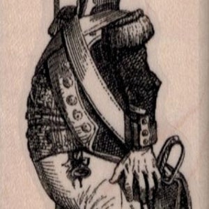 Könnte beinhalten: Eine Schwarzweißillustration eines Vogels, der eine Militäruniform trägt und ein Schwert hält. Der Vogel trägt einen hohen Hut mit einer Feder und hat einen langen Schnabel.
