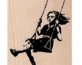 Rubber stamp Banksy Girl on a swing stamping graffiti outsider art apocalypse zombie  craft supplies number 19425