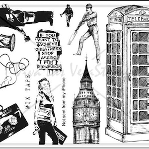 Könnte beinhalten: Schwarz-Weiß-Illustrationen verschiedener Objekte und Figuren, darunter eine Telefonzelle, der Big Ben, ein Cricketspieler, eine Kassette und eine Person, die ein Schild mit der Aufschrift "GREATNESS" hält. Der Text "IF YOU WANT TO ACHIEVE GREATNESS STOP ASKING FOR PERMISSION" ist ebenfalls vorhanden.