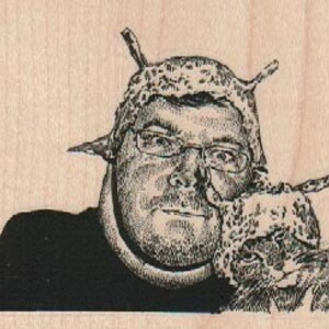 May include: A black and white illustration of a man wearing a leopard print hat with a cat sitting on his shoulder.