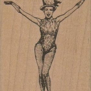 May include: A black and white illustration of a woman wearing a feathered hat and a leotard. She is standing with her arms outstretched and a smile on her face.