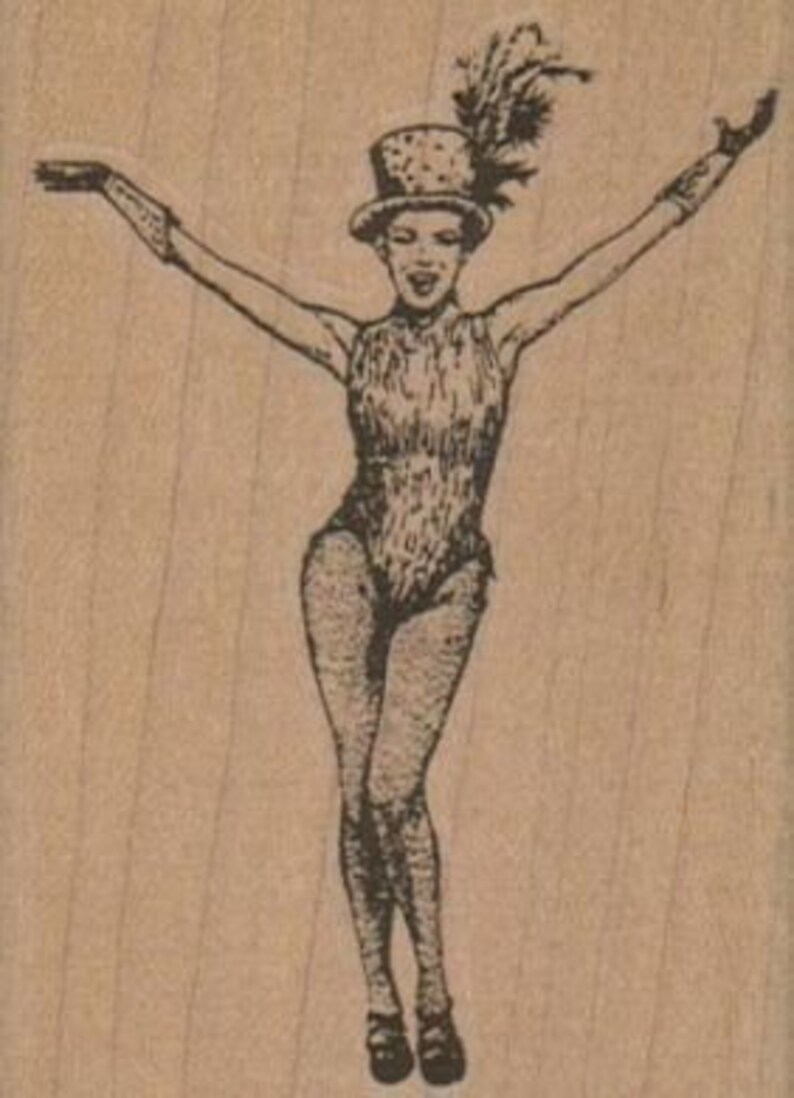 May include: A black and white illustration of a woman wearing a feathered hat and a leotard. She is standing with her arms outstretched and a smile on her face.