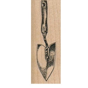 May include: A black and white illustration of a gardening trowel with a wooden handle.