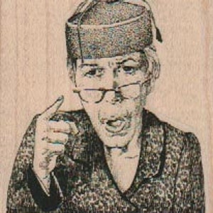 May include: A black and white illustration of a person wearing glasses and a hat, pointing a finger. The person has a stern expression and appears to be speaking. The image is a woodcut style.