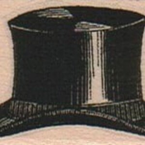 May include: A black top hat with a tall, cylindrical crown and a wide brim. The hat has a slight sheen and a subtle texture.