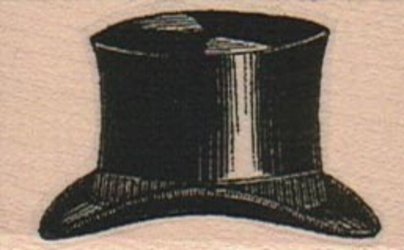 May include: A black top hat with a tall, cylindrical crown and a wide brim. The hat has a slight sheen and a subtle texture.