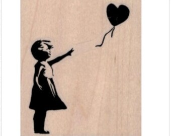 Rubber stamp Banksy Girl with heart balloon  stamping graffiti outsider art play  craft supplies number 19430